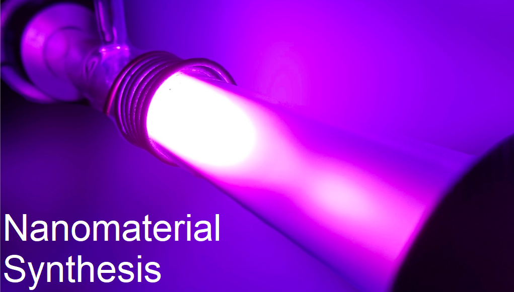 Picture of ICP plasma glowing purple-pink with the label "Nanomaterial Synthesis"